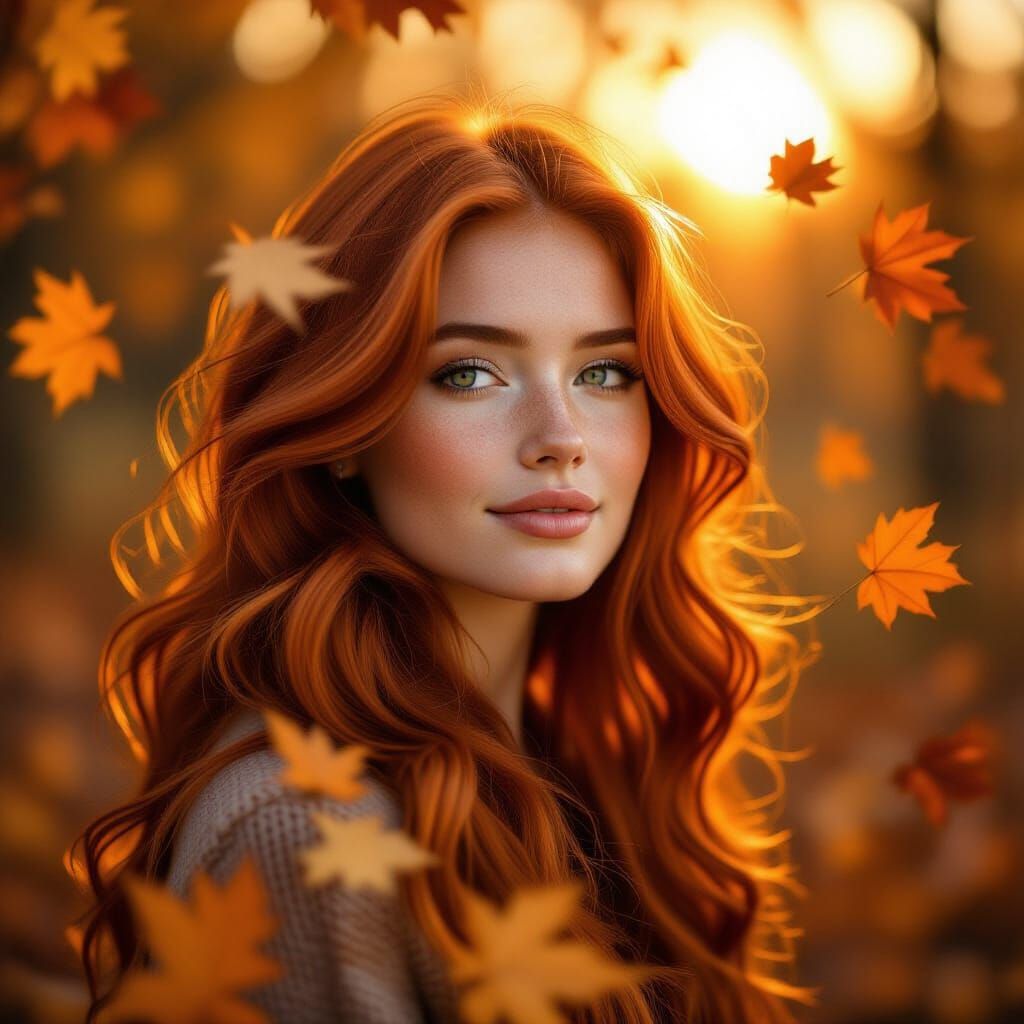 a young woman with long, flowing red hair forming elaborate ...