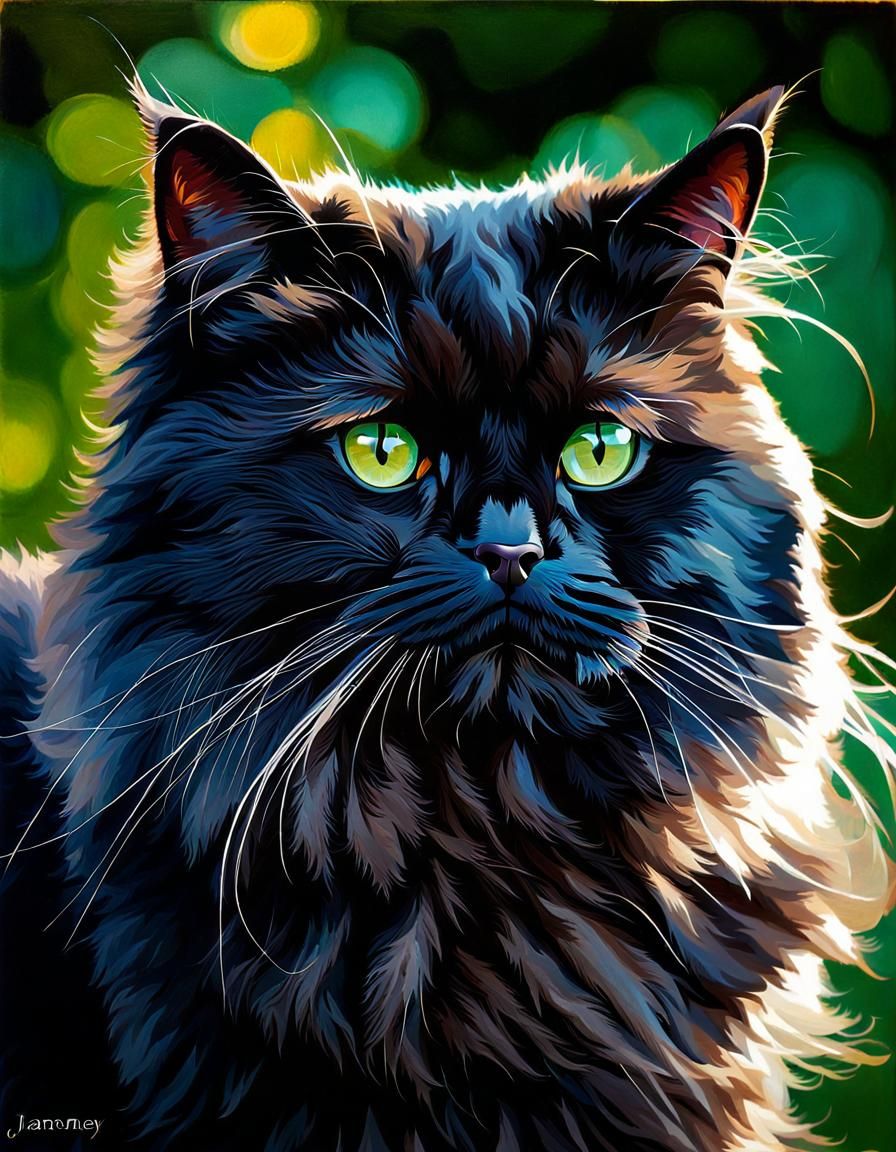 Elegant Black Persian Cat with Emerald Eyes in Oil Painting ...