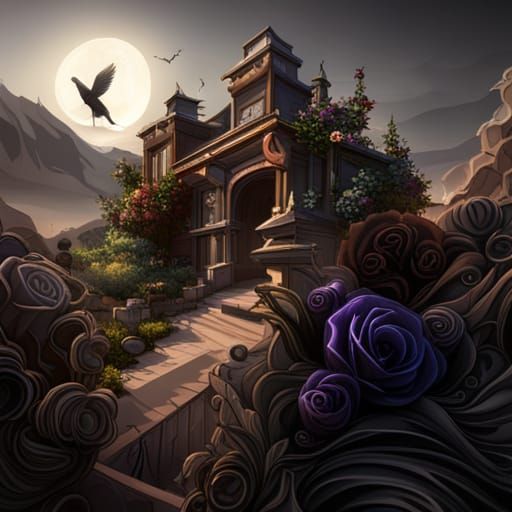 Fantastical Black Roses and Raven Skull Painting