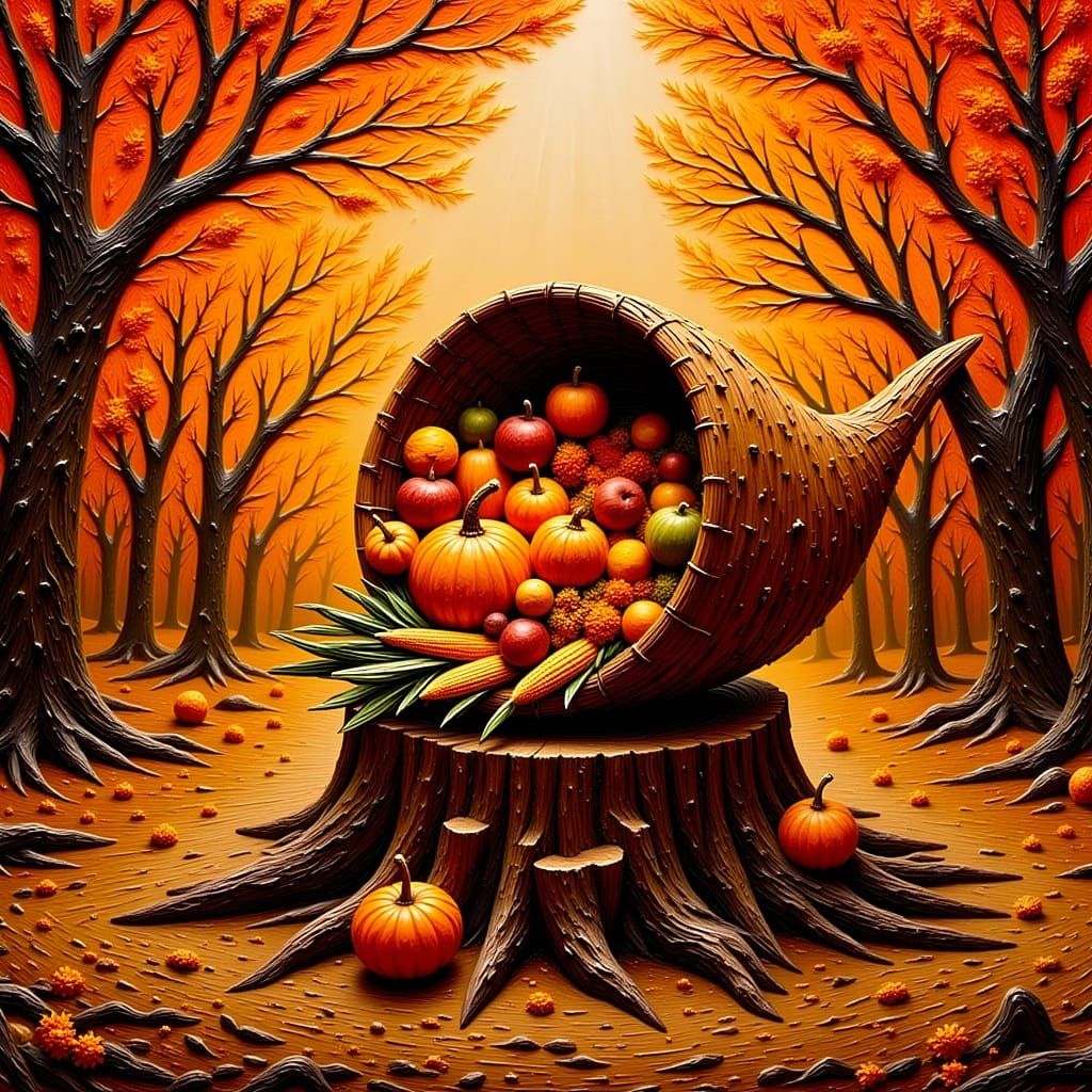 A large cornucopia spilling out food made from woven branche...