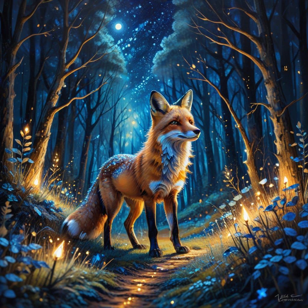 Fox in Starry Forest: Expressionist Abstract Art