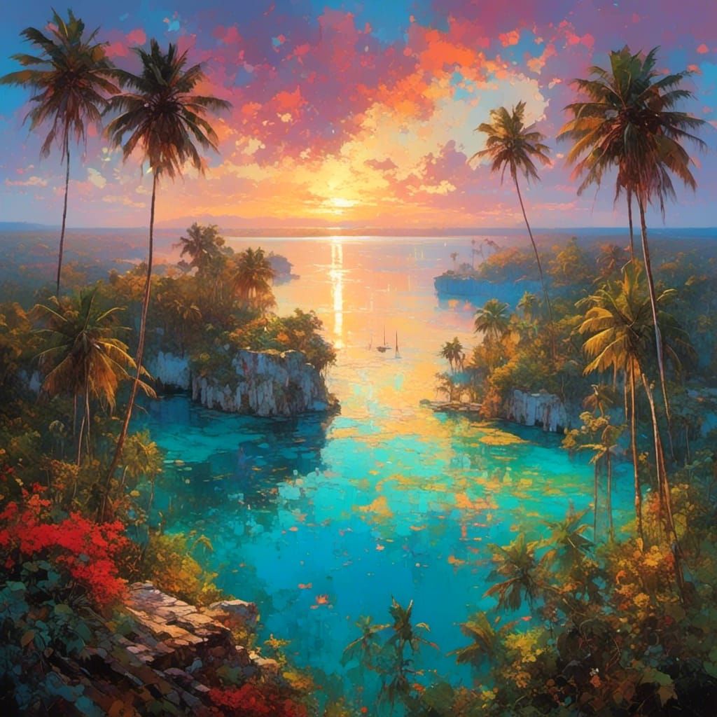 Bird's-Eye View of Bacalar Lagoon as Impasto Painting