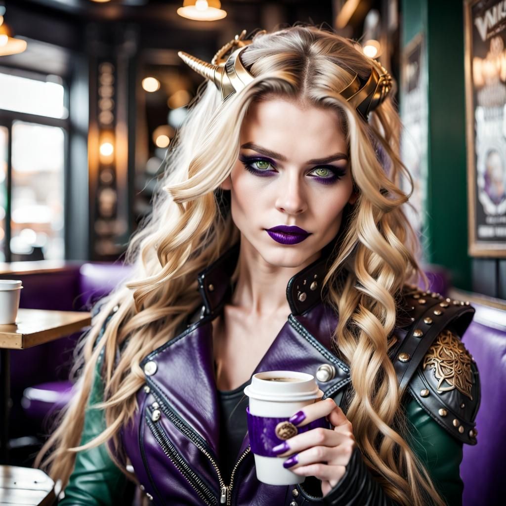 Viking Valkyrie in Leather Rocker Outfit Drinks Coffee