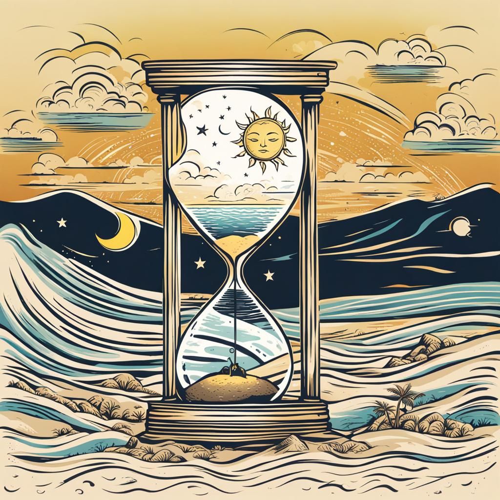 Sun and Moon Dance in Hourglass on Beach