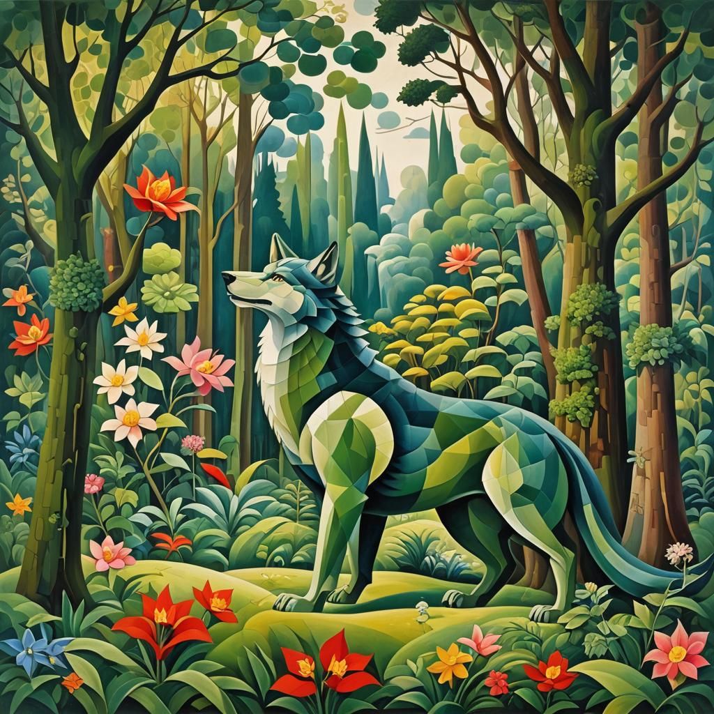 Abstract Cubist Wolf Dragon with Moss and Flowers