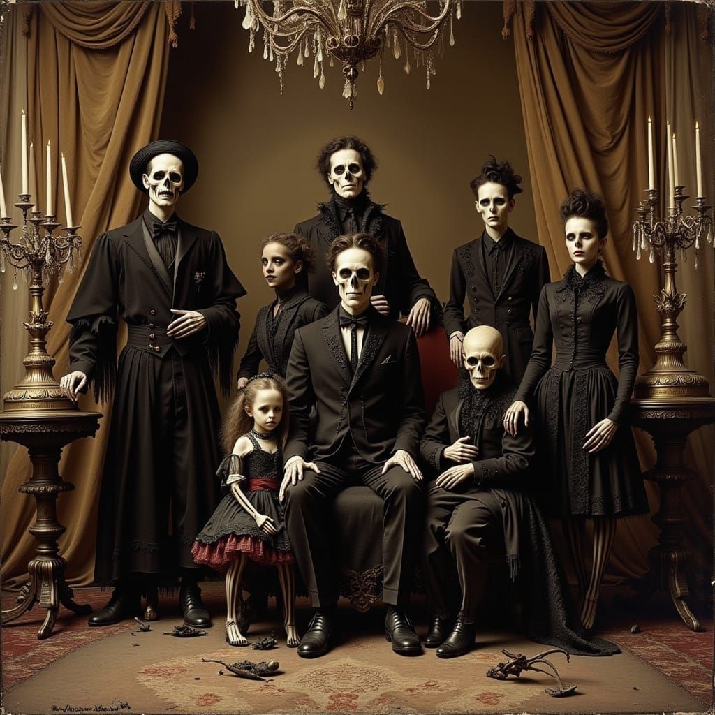 Sepia Skeleton Family Portrait in Ornate Parlour