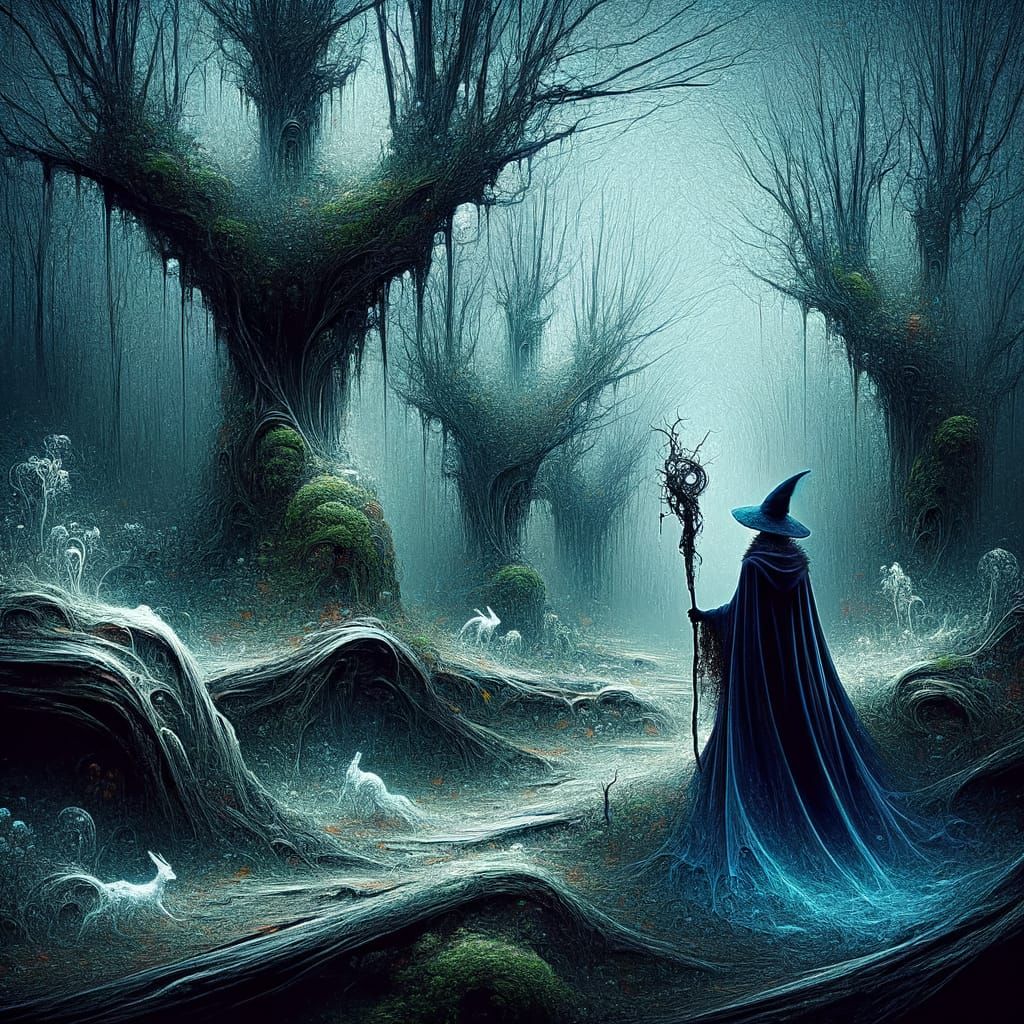 Mystical Witch in Enchanted Forest with Glowing Staff