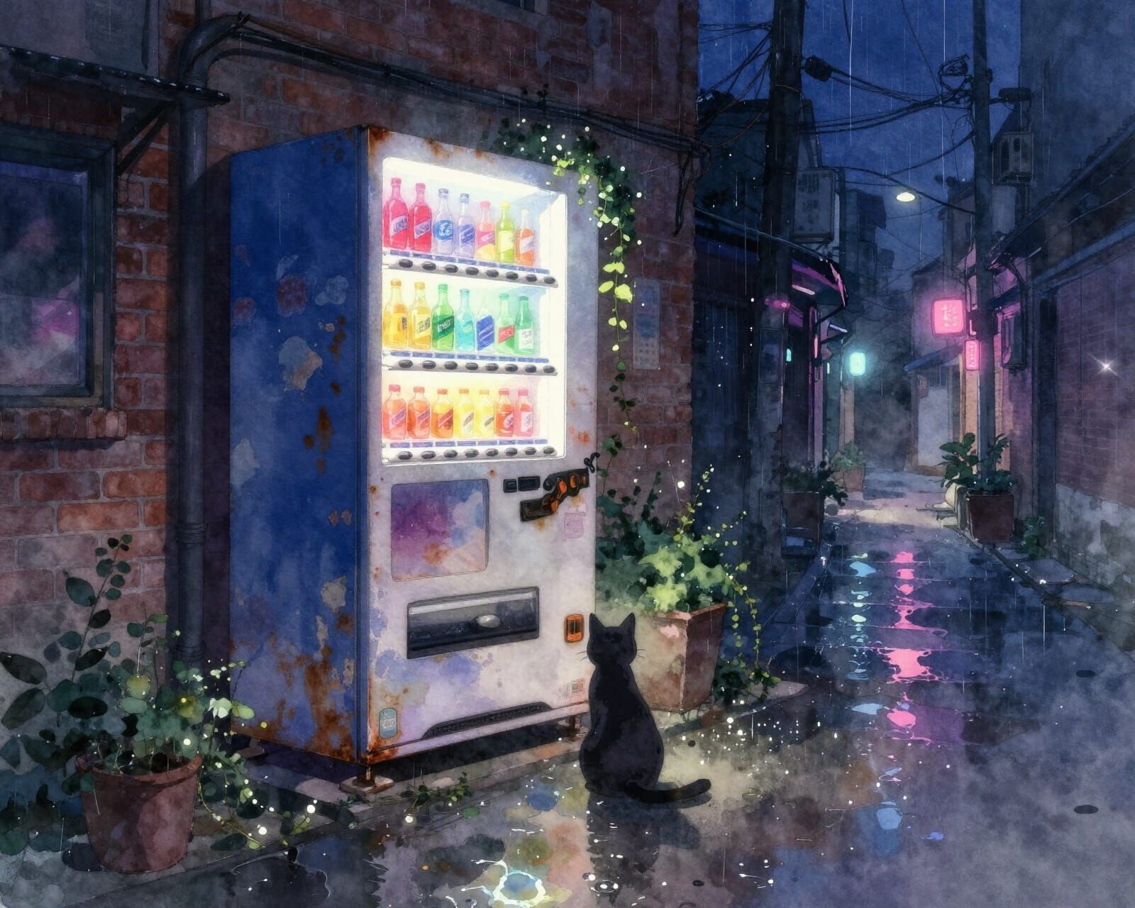 Anime Inspired Watercolor of Night Alley Vending Machine