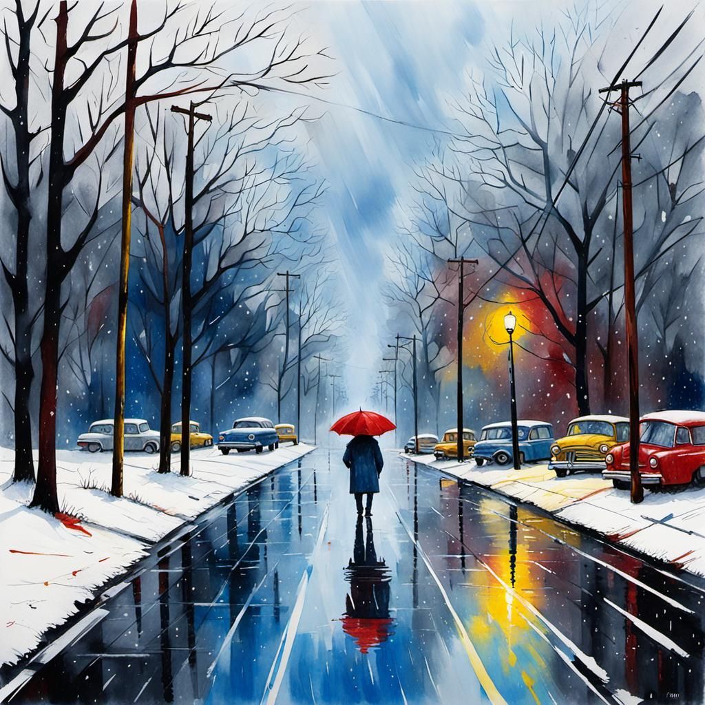 Rainy and Snowy Day Illustration in Oil, Watercolor, and Ink