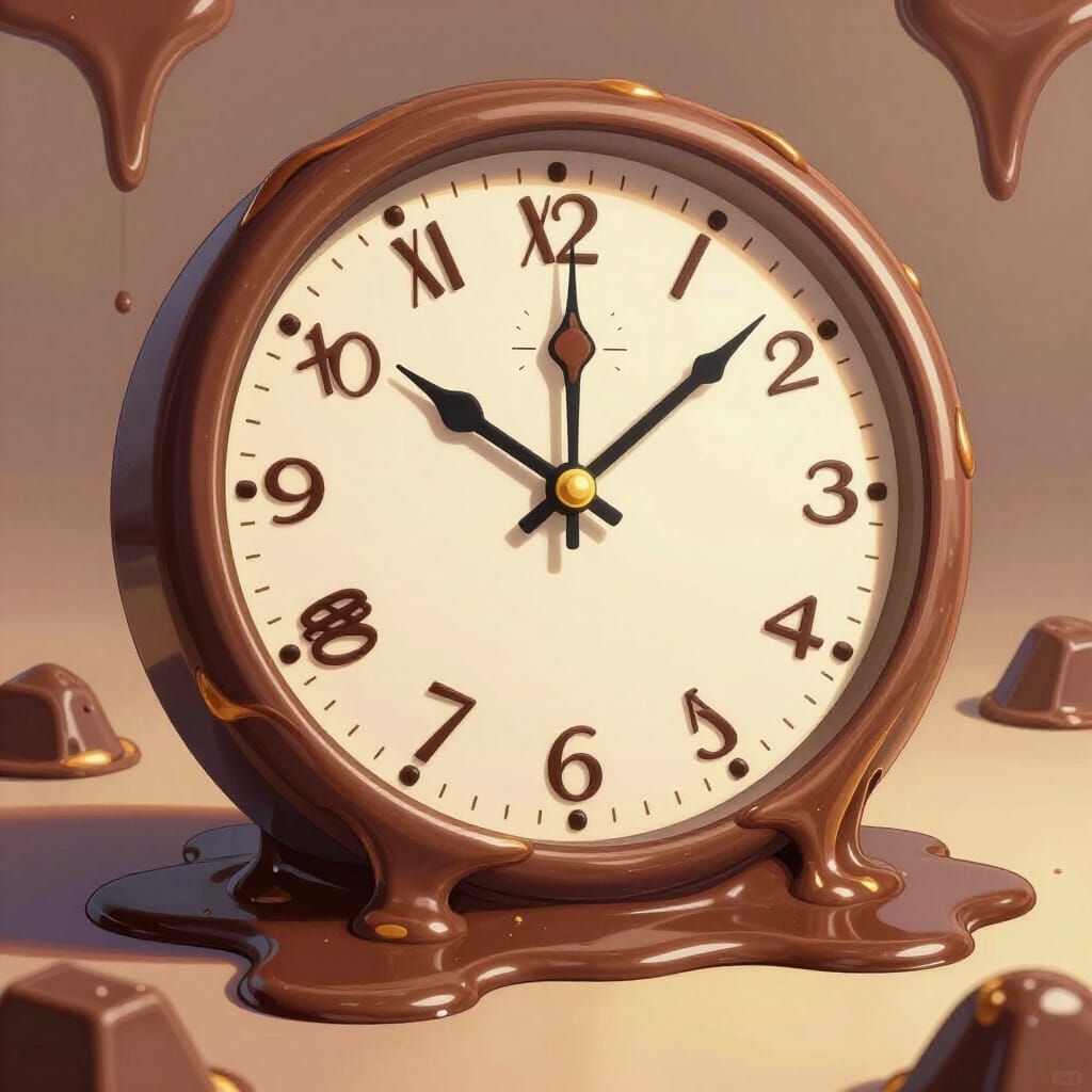 Melting Chocolate Clock Surreal Food Scene 3D Anime Art