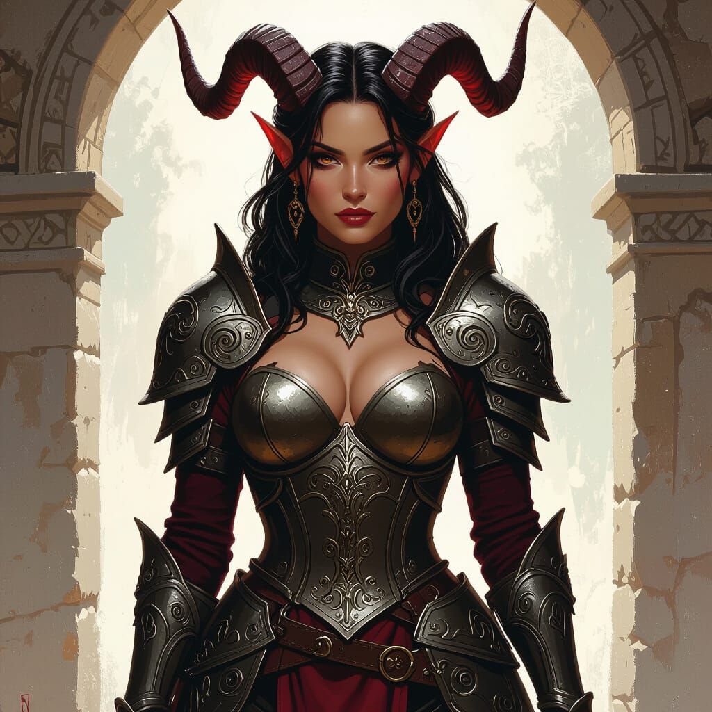 Voluptuous Tiefling Woman in Ornate Plate Armour