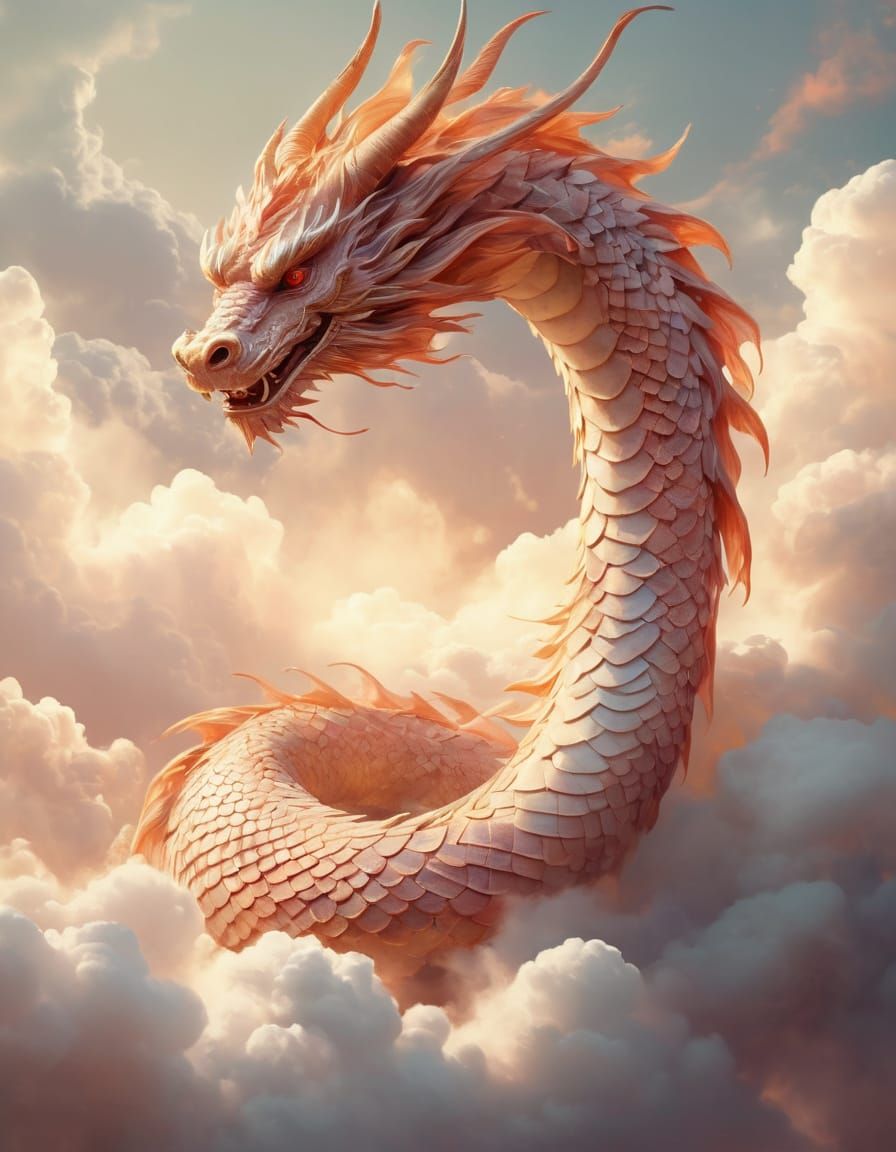 Chinese Celestial Dragon in Whispy Clouds with Iridescent Sc...