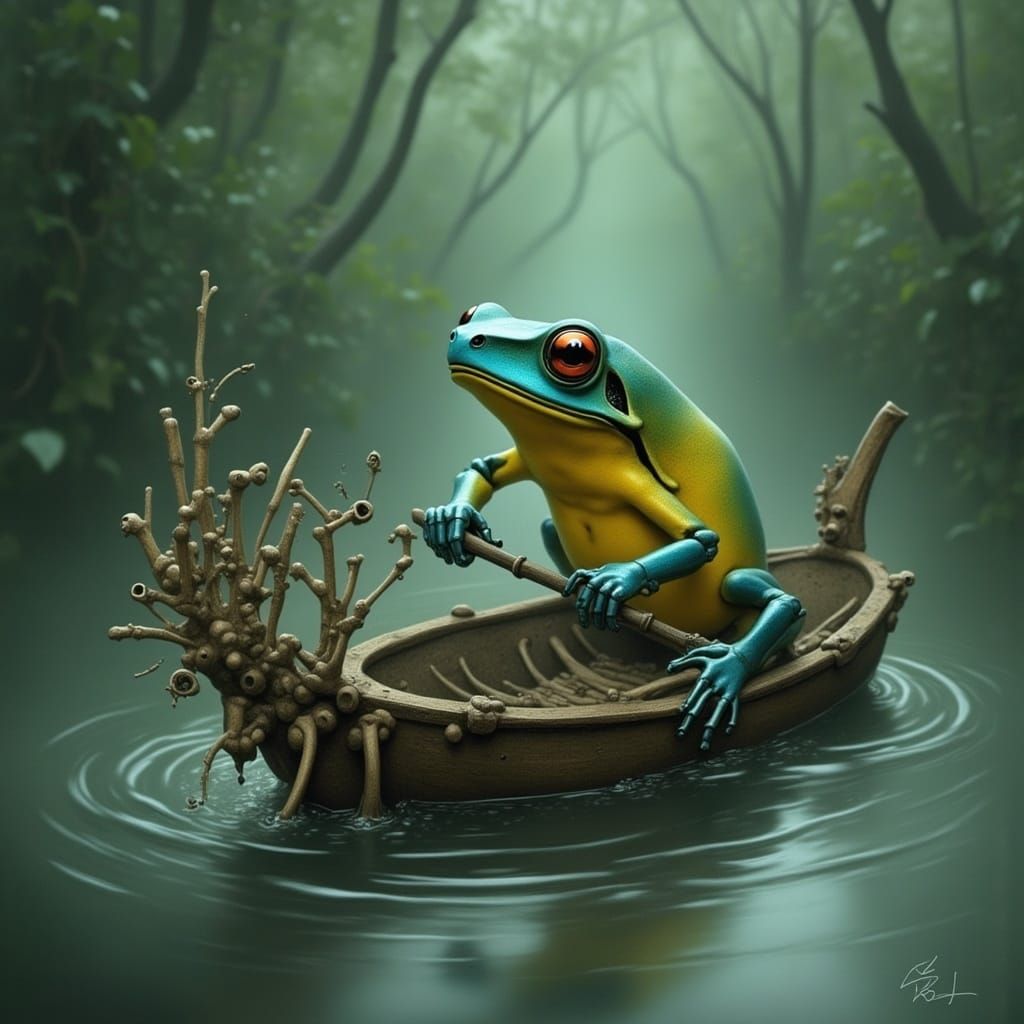 Poison Dart Frog Rows Boat of Bones in Iridescent Jungle