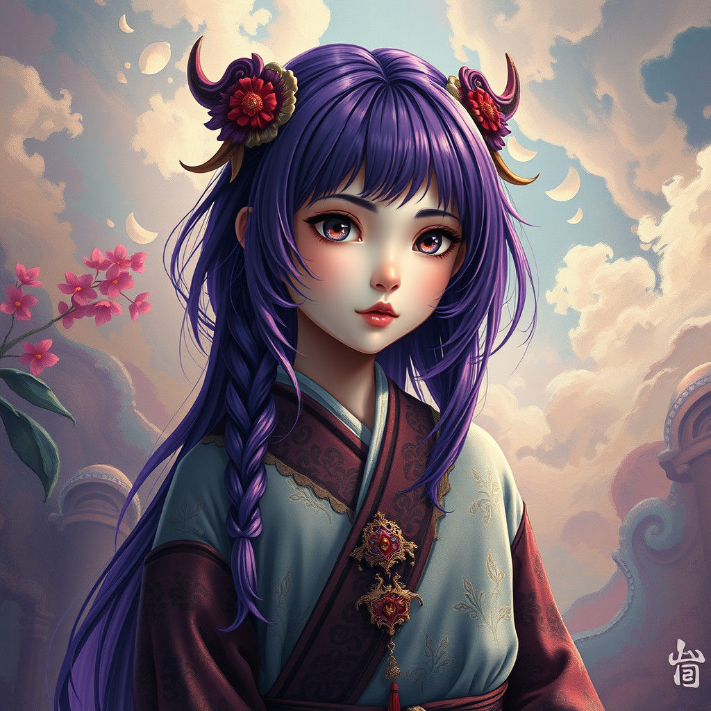 Purple Haired Girl in Anime Key Visual Style