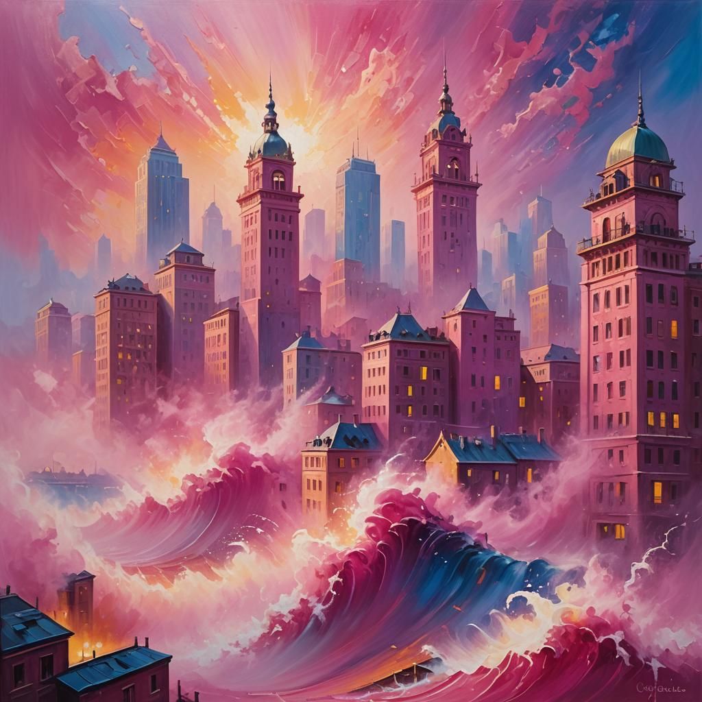 Pink Cityscape Engulfed by Waves: Dreamlike Oil Painting