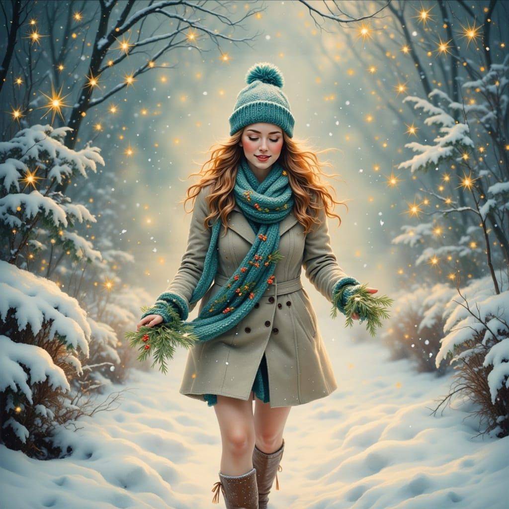 Woman in Snow-Covered Garden with Teal Beanie
