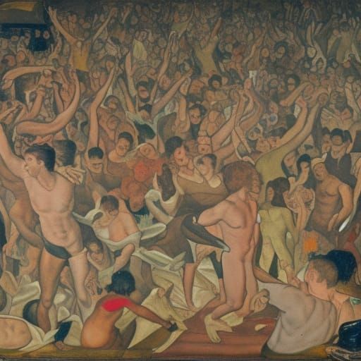 Woman Amidst Men in Chaotic Scene
