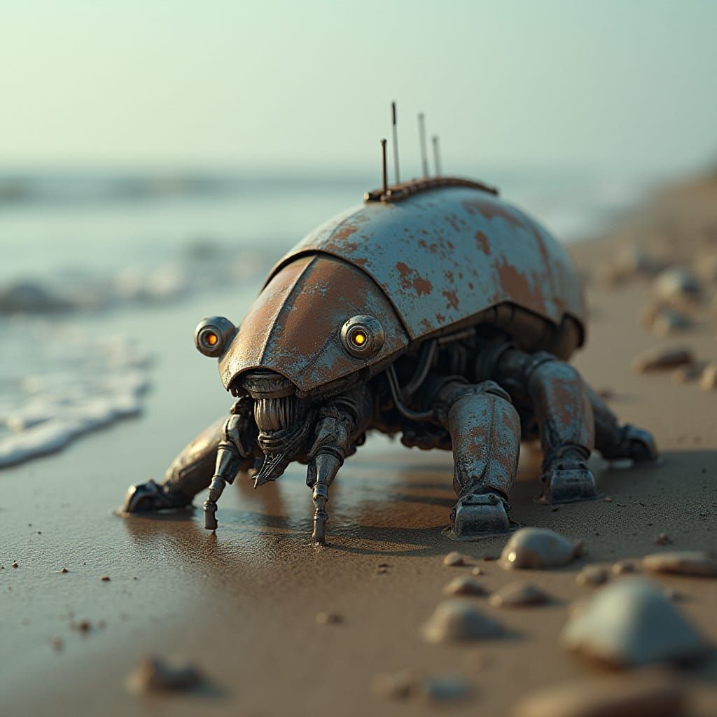 Cyberpunk Mech Details on Futuristic Beach