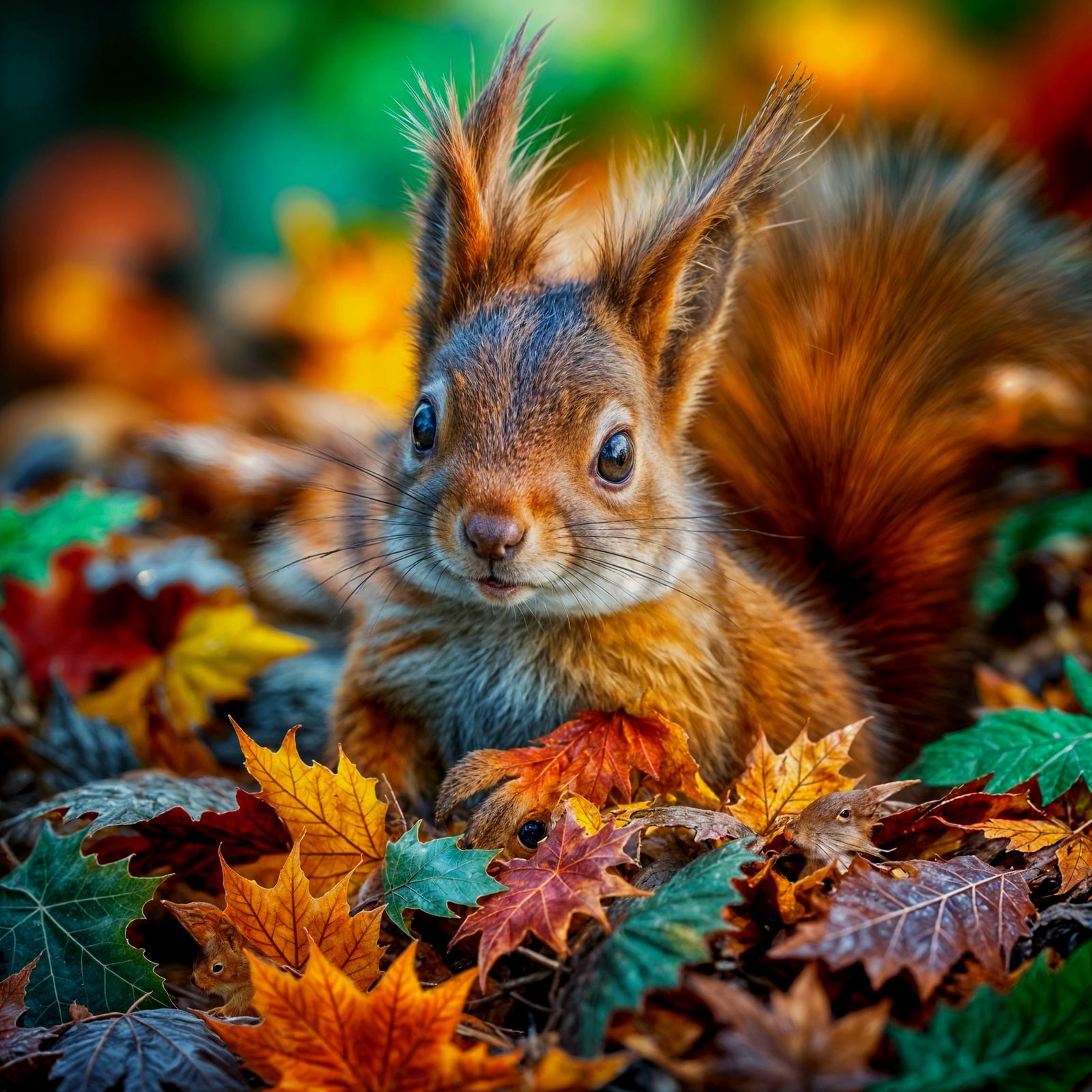 Cute Red Squirrel in Autumn Leaves, Hyperrealistic