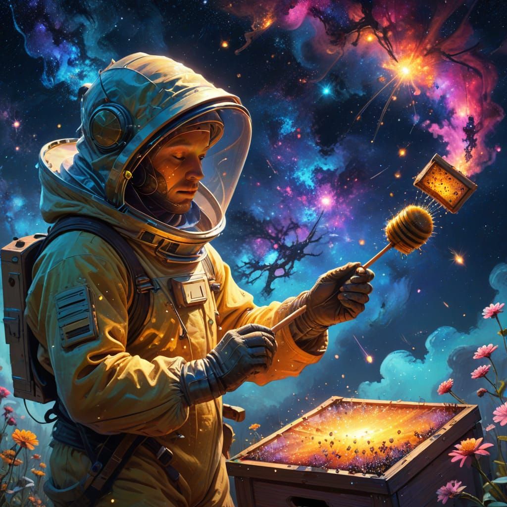 Celestial Beekeeper Harvesting Stardust Honey