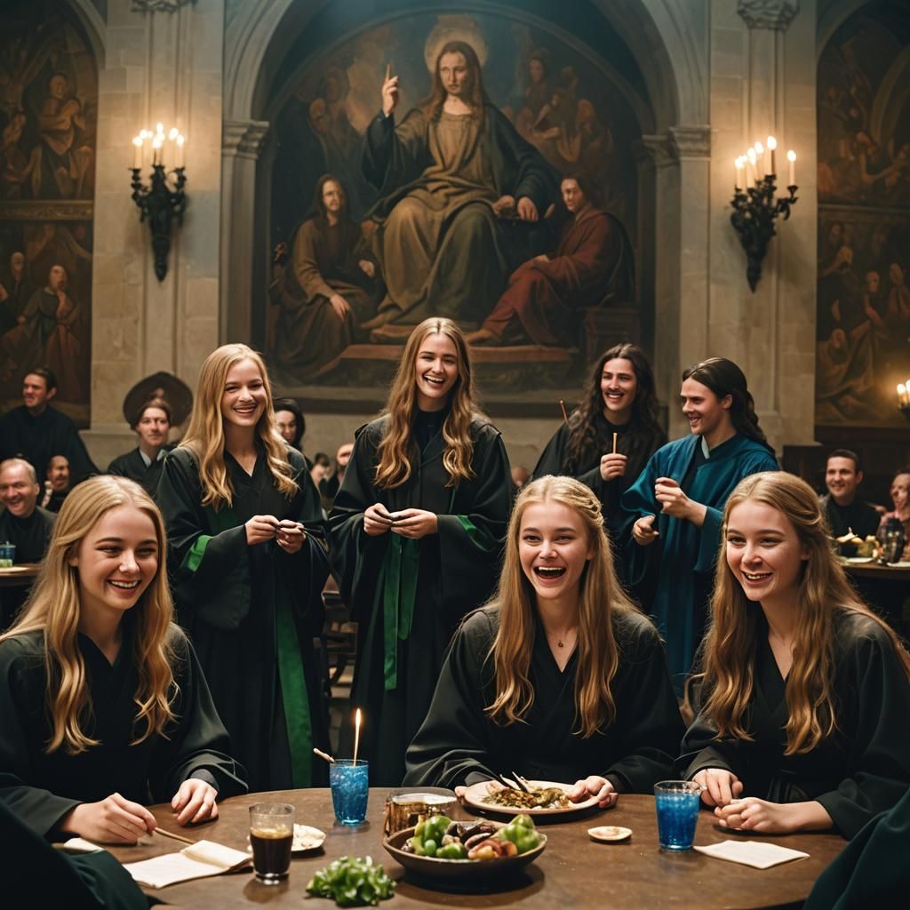 Teenage Wizards Laughing in Grand Hall Cinematic Still