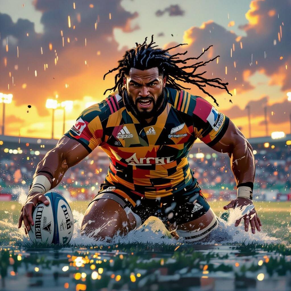 Ardie Savea Rugby Tackle in Dramatic Digital Painting