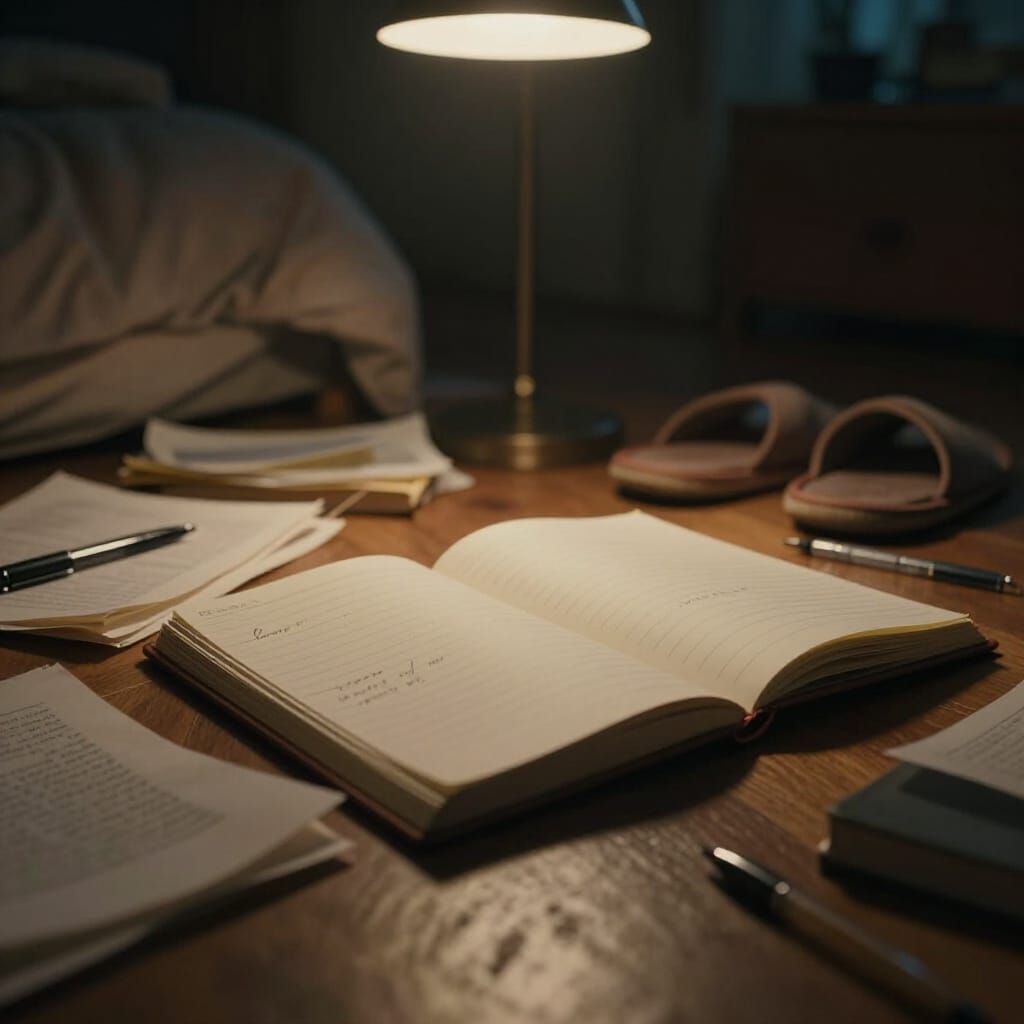 Open Notebook on Cluttered Floor, Evening Reflection