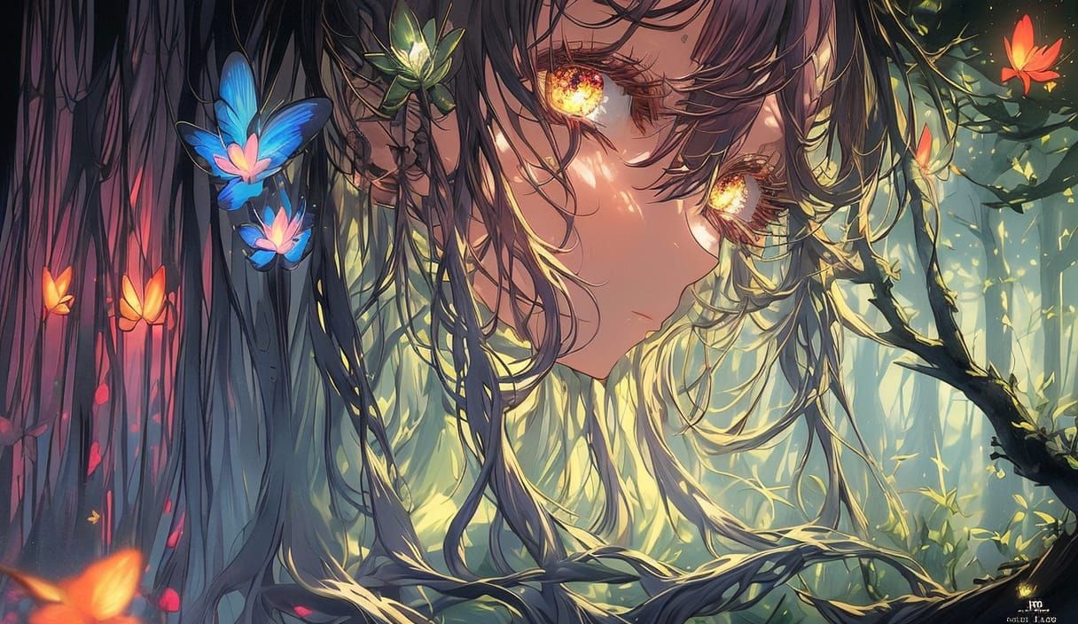 Ethereal Woman Amidst Red Faeries in a Dark Forest