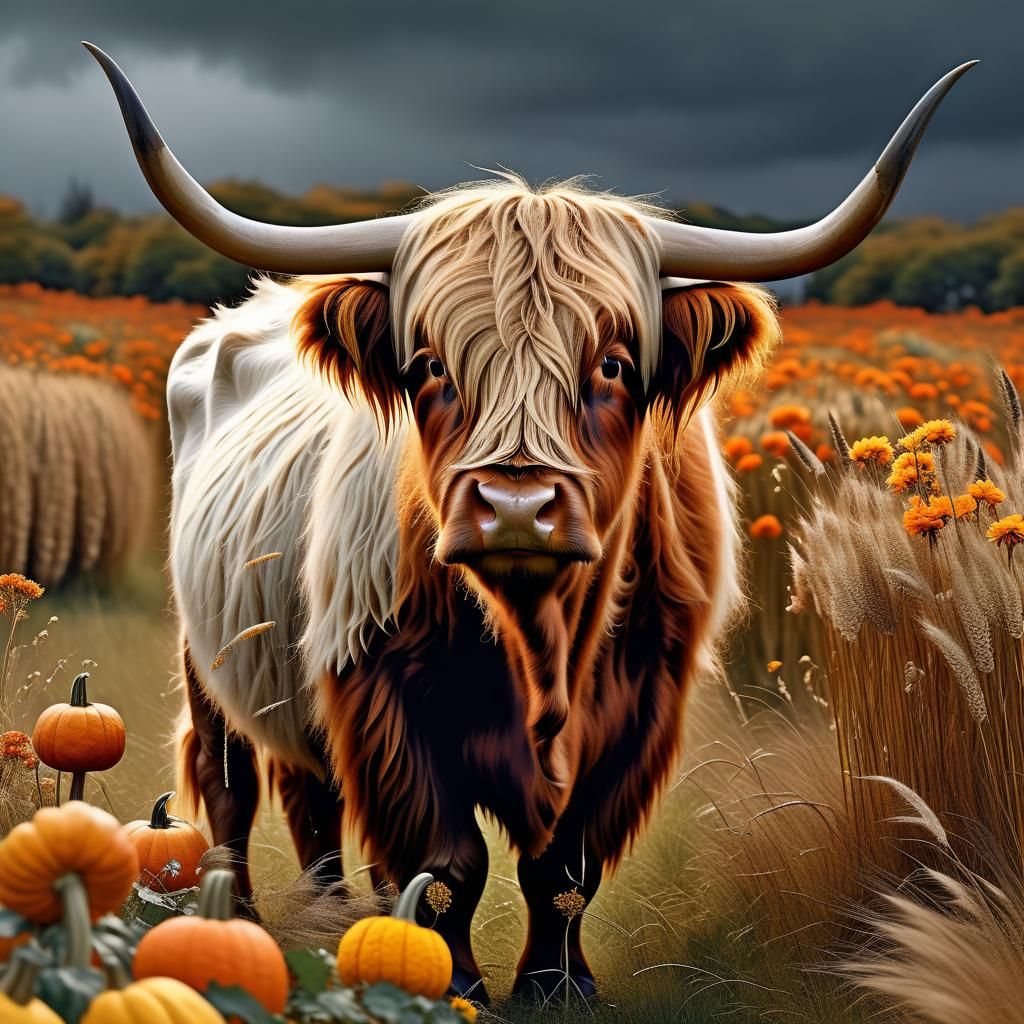 Highland Cow with Autumn Crown: Digital Art