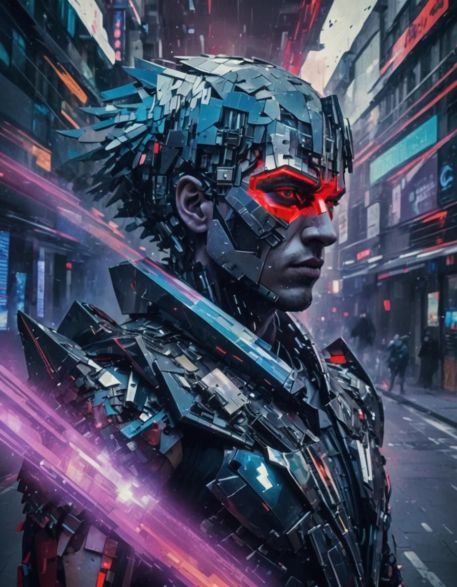 Fragmented Man in Glitchy Neofuturistic City