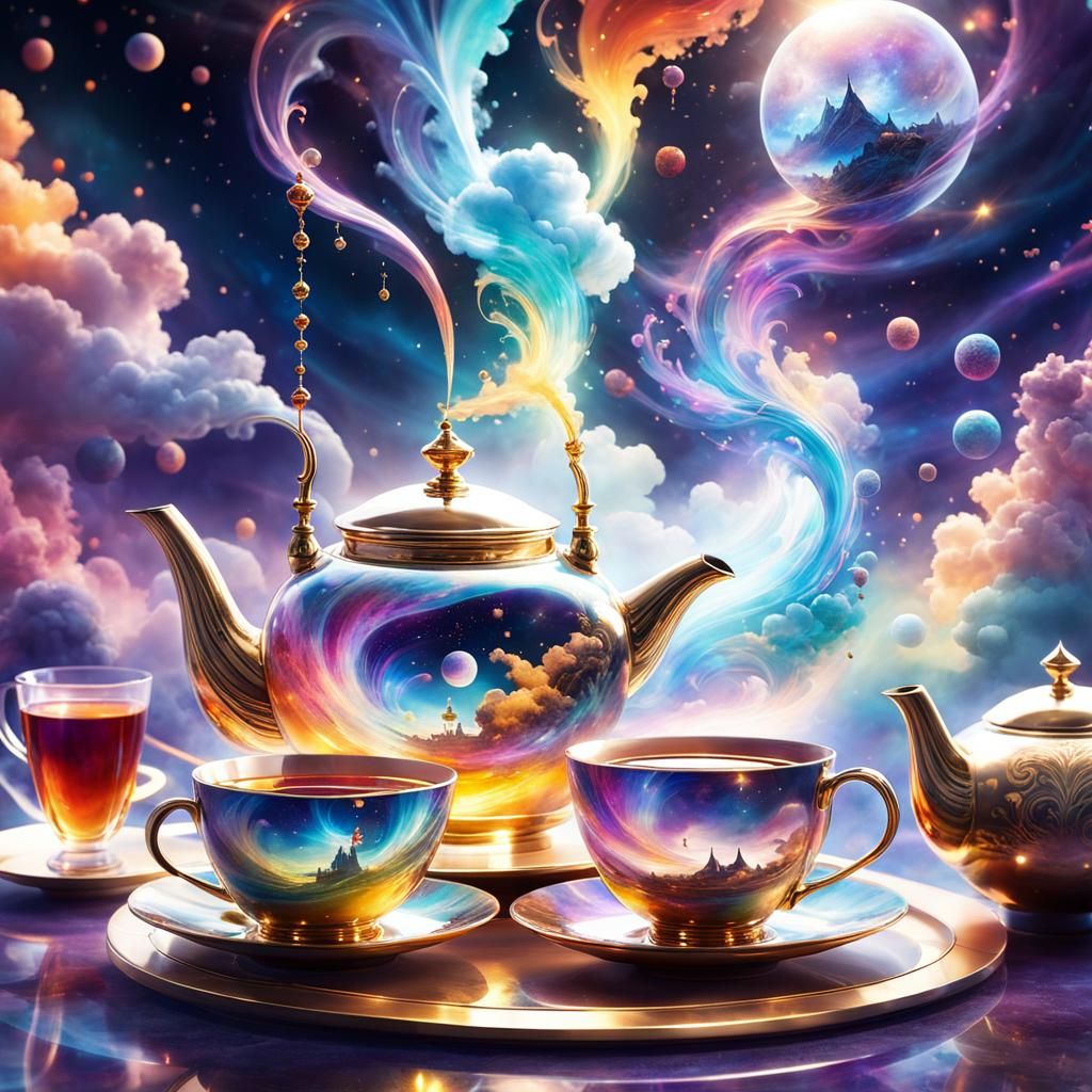 Divine Tea Setting in Ethereal Cosmic Planes