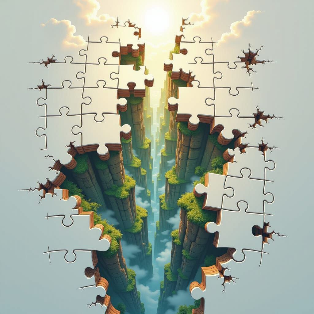 World Puzzle Landscape Falling into Chasm