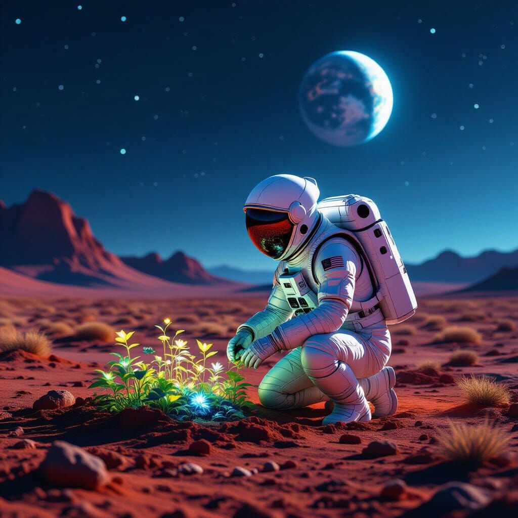 Astronaut Tends Alien Garden Under Earth's Gaze