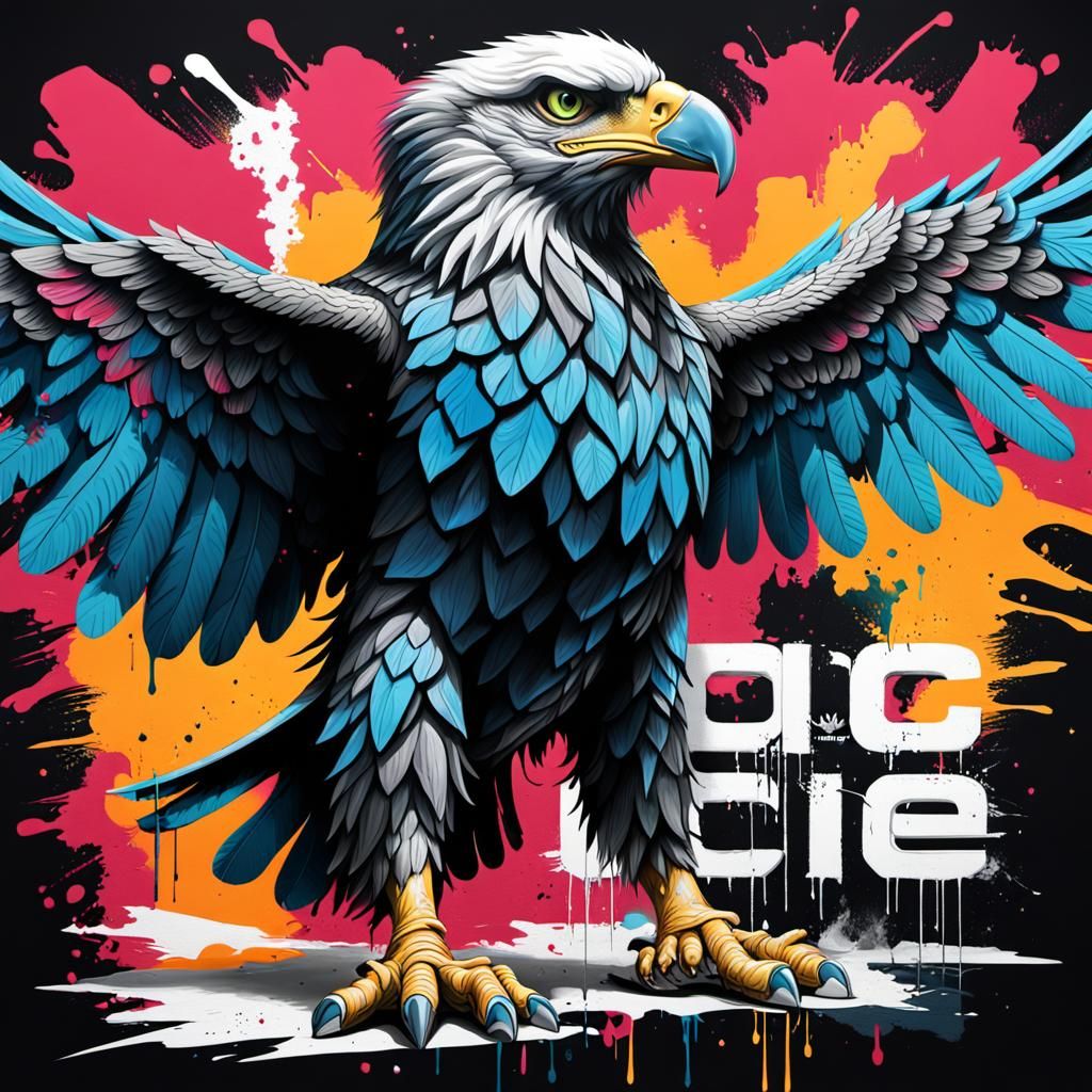 Colorful Graffiti Art: Humanoid Eagle Painting in Progress