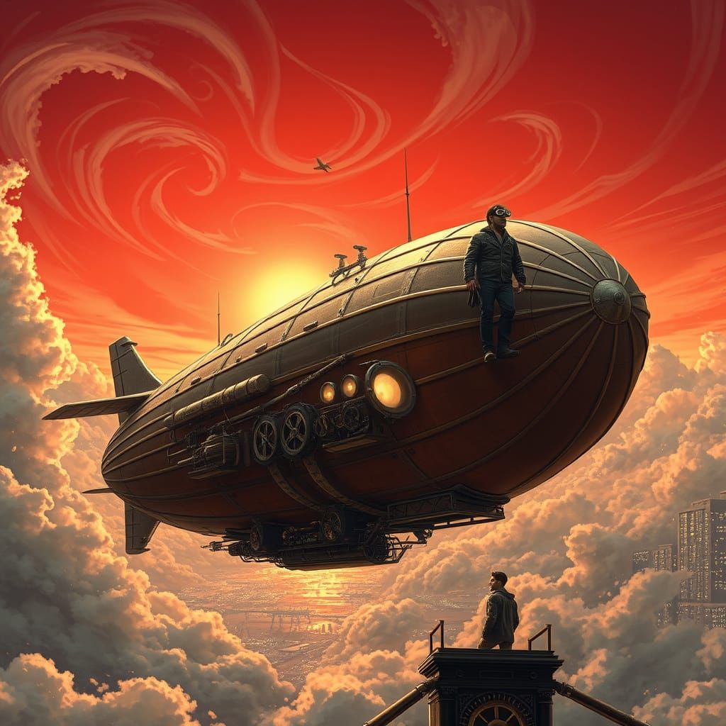 Steampunk Airship Soaring Through Crimson Skies