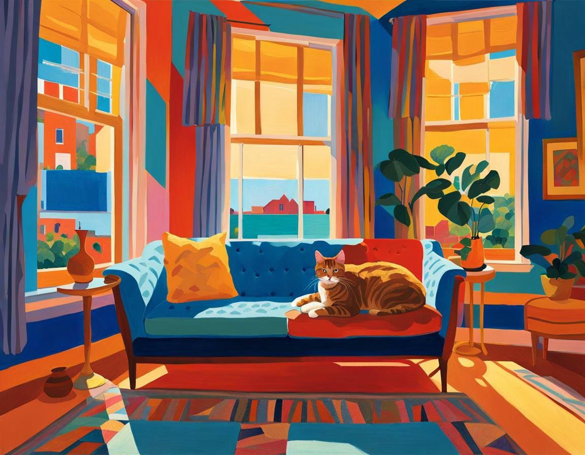 Cat in Living Room, David Hockney Impressionism