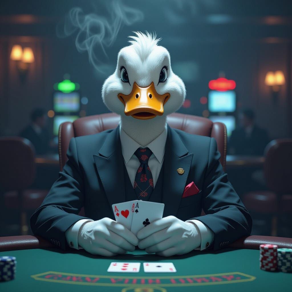 Duck Plays Poker in Smokey Casino, Cyberpunk Noir Style