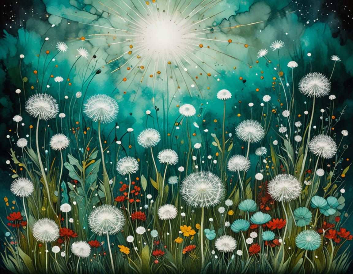 Alcohol ink : mixed media : stylised, meadow with many large fluffy dandelions, arabesque : Andy Kehoe, white scarlet te...