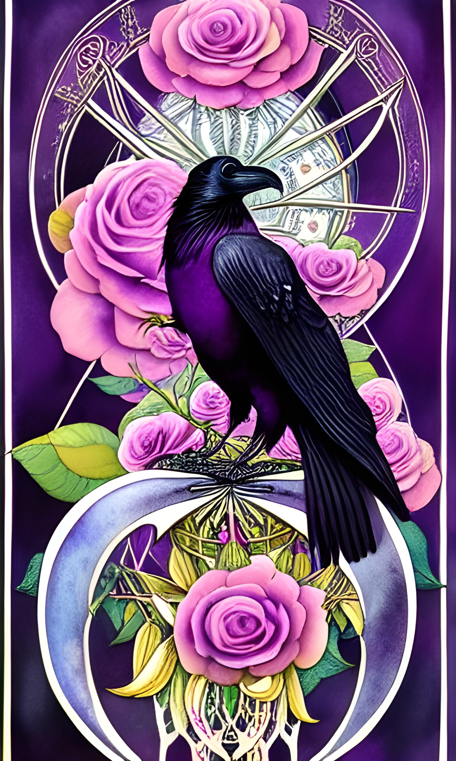 Raven in Purple Rose Frame: Watercolor Illustration