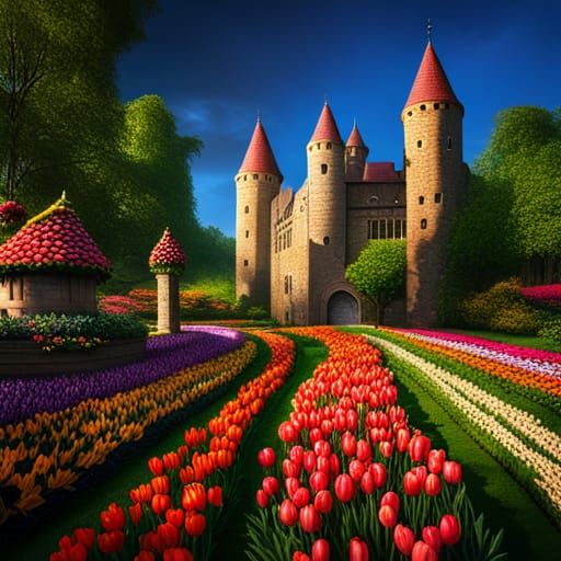 Tulips and Castle: Hyperdetailed Fantasy Matte Painting