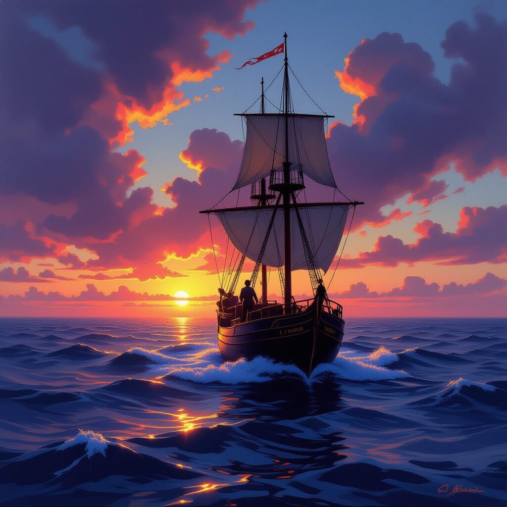 Explorer on Ship at Fiery Sunset, Oil Painting Style