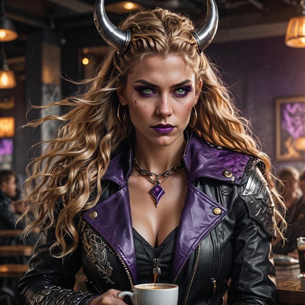 Valkyrie in Cafe: Dark Fantasy Portrait