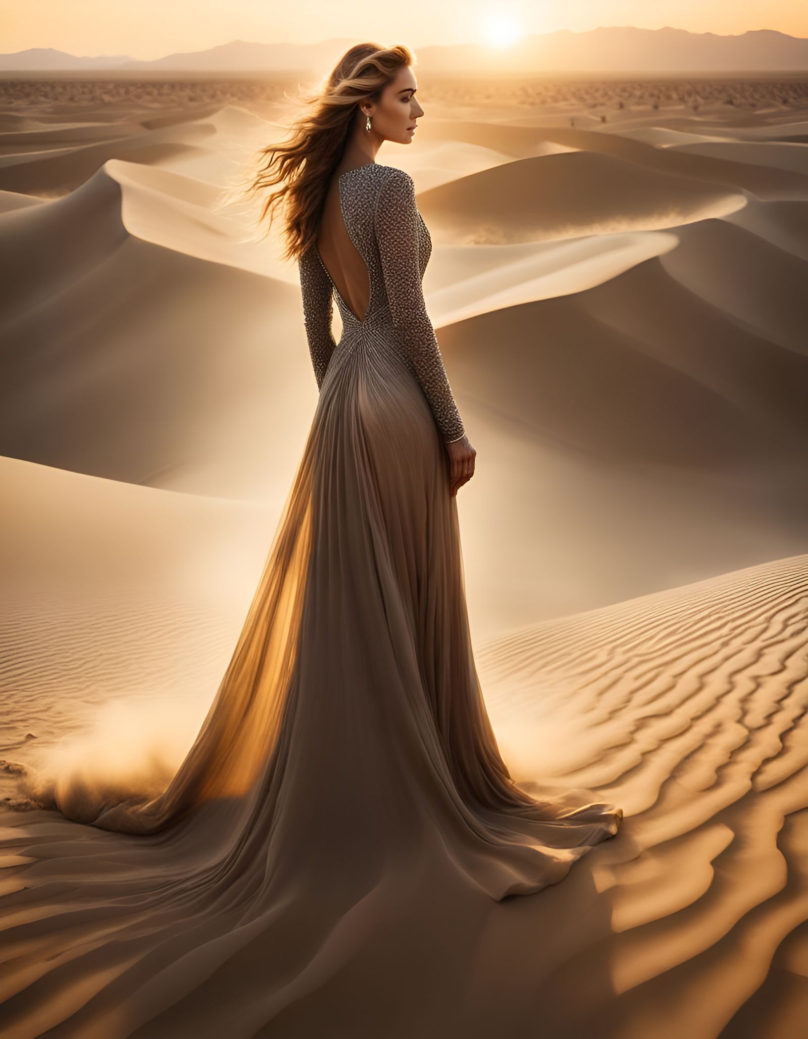 Scorching Desert Sunset Mirage: Woman in Sand Dress