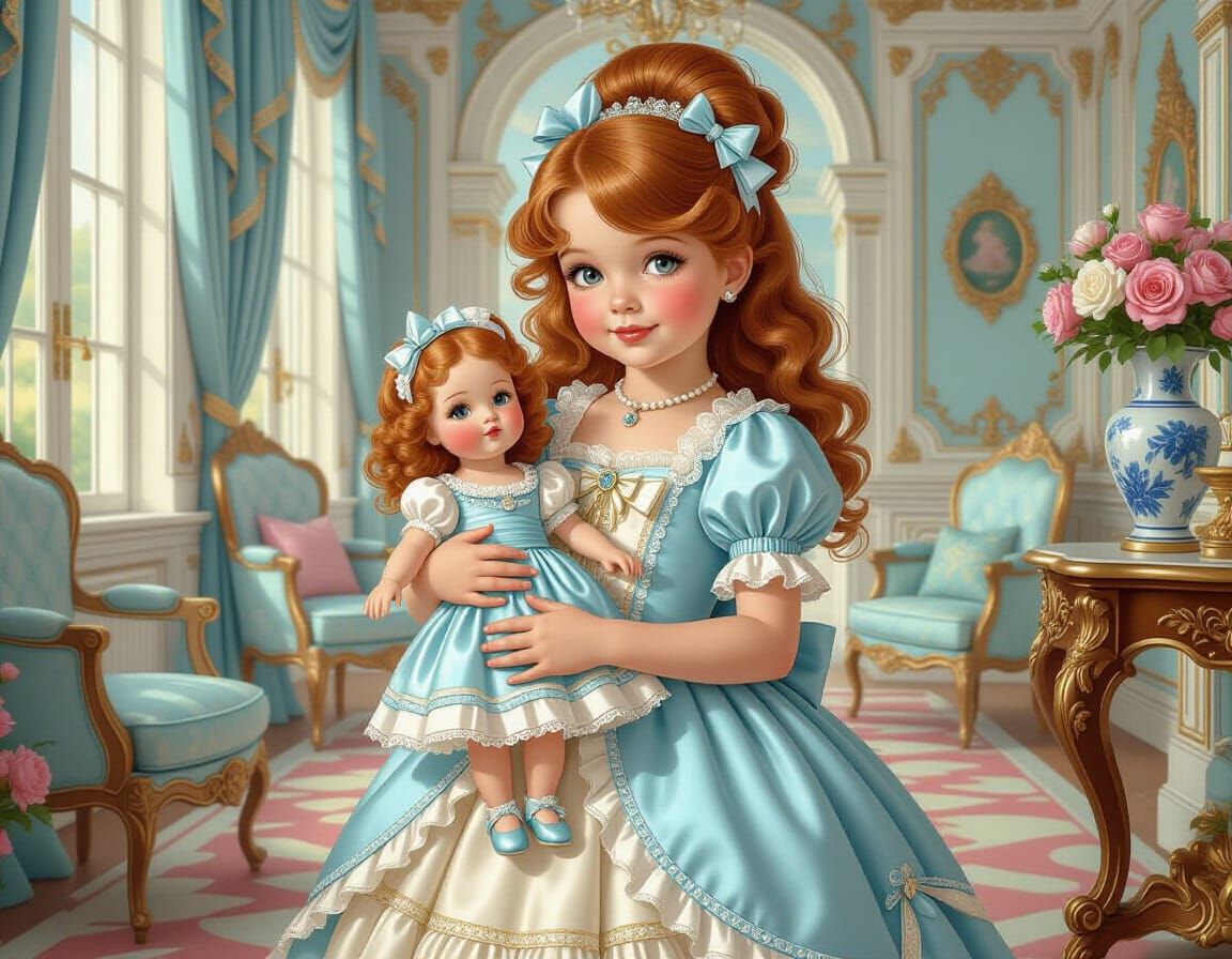 Redhead Girl in Rococo Interior, Digital Painting