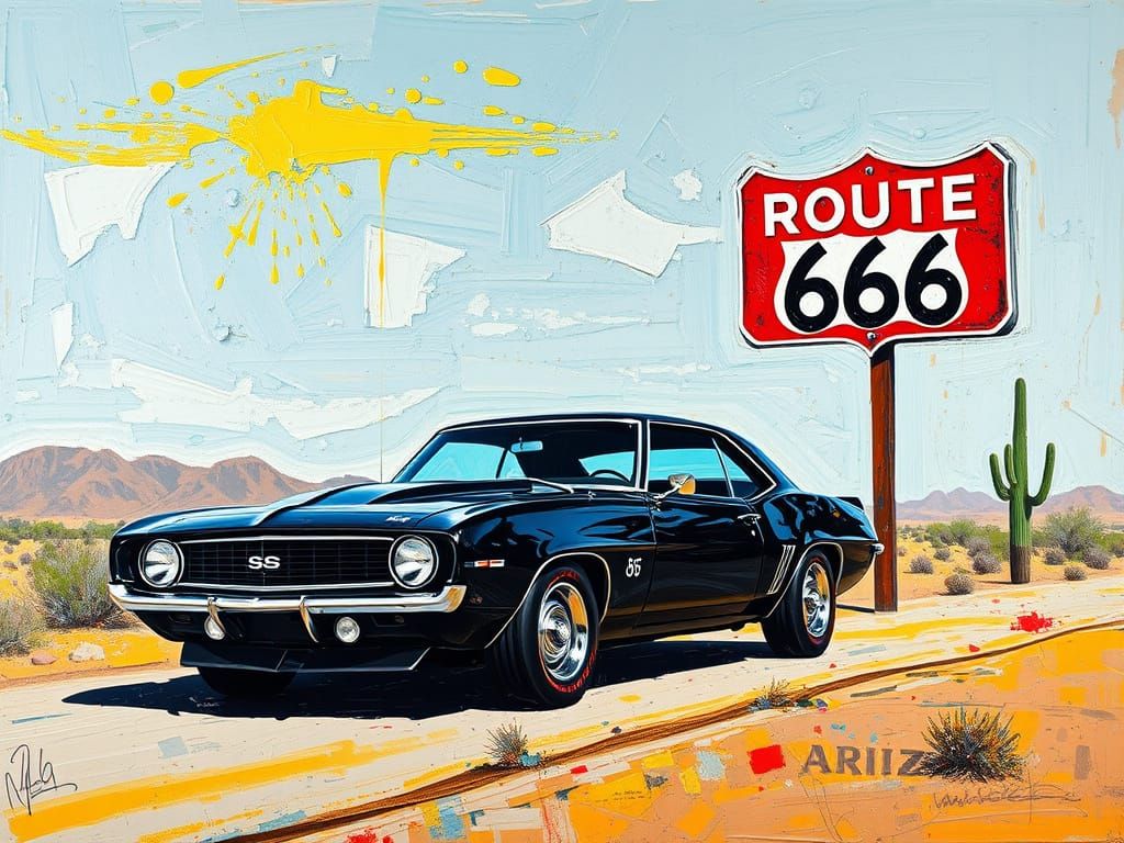 Black Camaro SS on Route 66 in Arizona