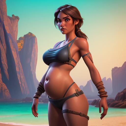 Lara Croft Pregnant on Beach: Fantasy Art
