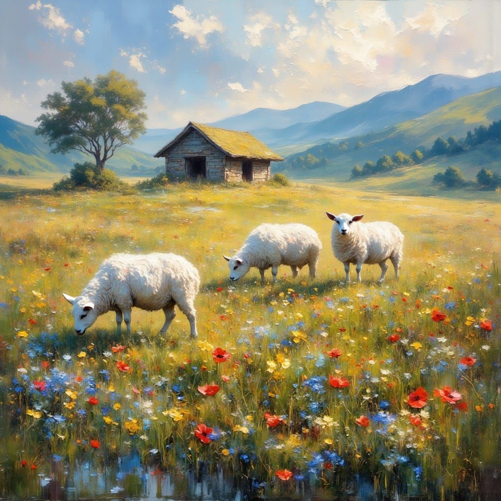 Sheep in Vibrant Wildflower Field with Rustic Sheepfold