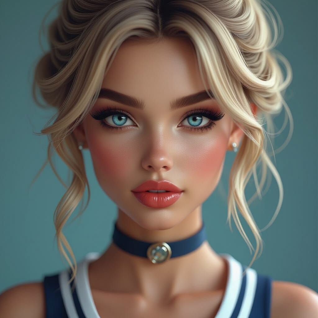 Beautiful Cheerleader Woman with Blue Eyes and Heavy Makeup