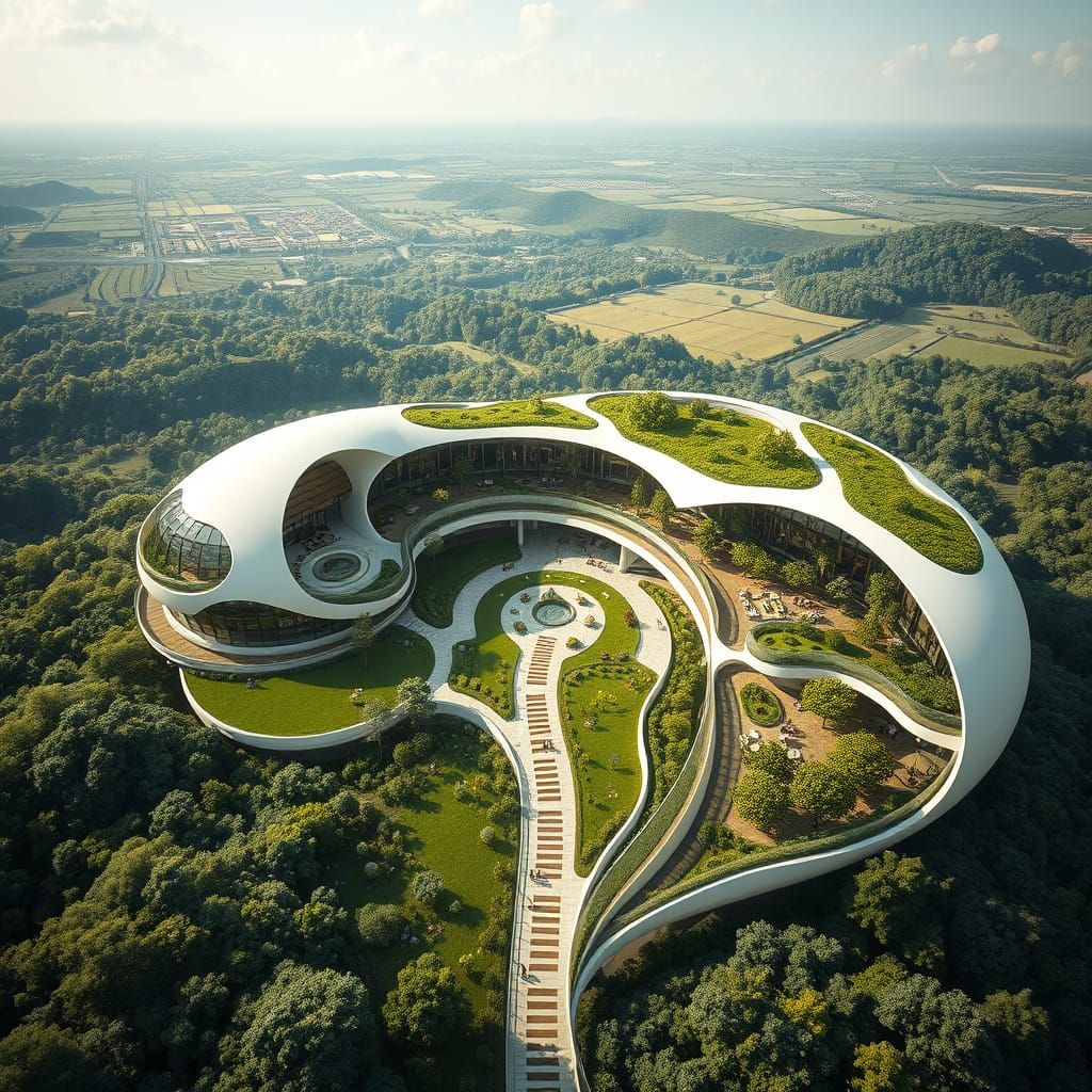 Eco-Friendly Futuristic Complex Blends into Lush Landscape