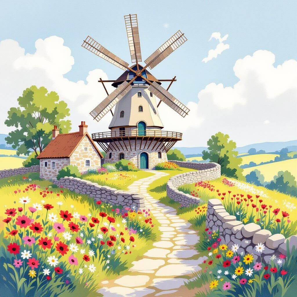 Charming Windmill in Watercolor Illustration